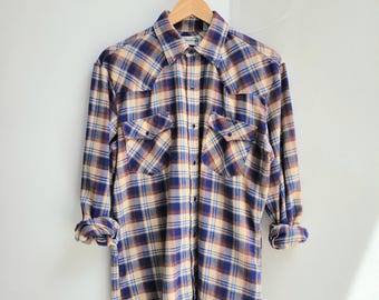 Camicia a quadri in flanella Roebucks del 1970 con bottoni automatici in madreperla, taglia media