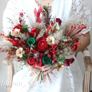 Wedding Bridal/ Bridesmaid bouquet, Retro Boho Burgundy Red& Dark green preserved rose Wild flower, Handheld Dried flower, handmade  flower