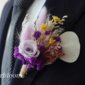Purple Rose & Lavender Color baby breath, Groom boutonniere, wedding boho accessories, Lapel pin from groomsmen, Dried natural flowers