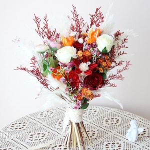 Bohemian Preserved Red Rose Bouquet: Dried Palm & Wildflower Bridal Decor