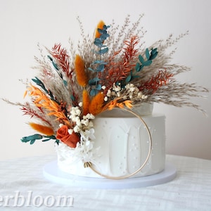 Adorno para tarta retro otoñal de color naranja quemado con aro de metal, decoración floral para boda, ramo floral para tarta, flores naturales secas preservadas