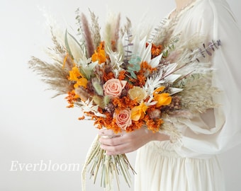 Wedding Bridal/ Bridesmaid bouquets, Handheld Dried flowers, Wedding flower gift/ Decoration, Autumn Rustic baby breath Orange rose