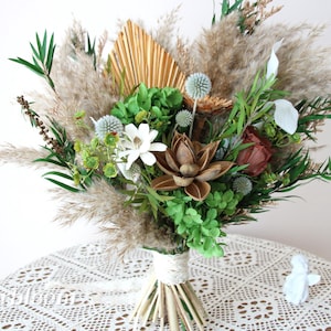 Bohemian Preserved Green Rose Bouquet: Dried Palm Spear Wedding Flowers