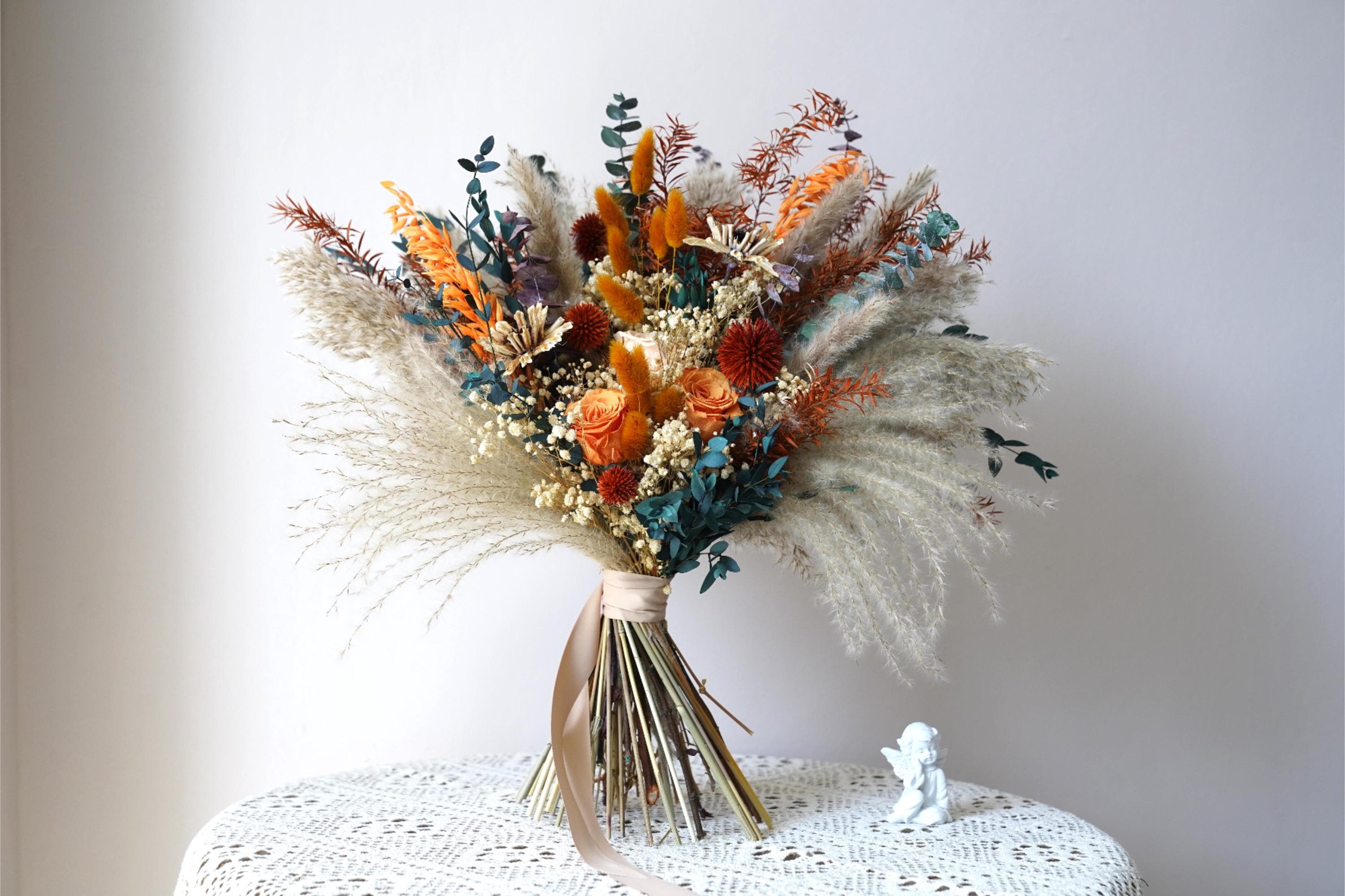 Wedding Bridal/ Bridesmaid bouquets, Handheld Dried flowers, Wedding flower gift/ Decoration, Autumn Rustic baby breath Orange rose