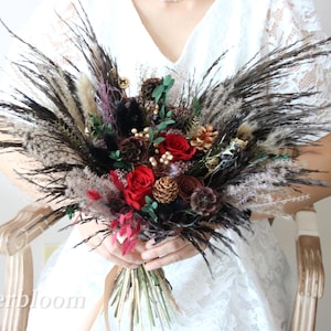 Wedding Wild flower Wedding Bridal/ Bridesmaid bouquet, Gothic Style Burgundy red rose wedding Handheld Dried flower, handmade  flower