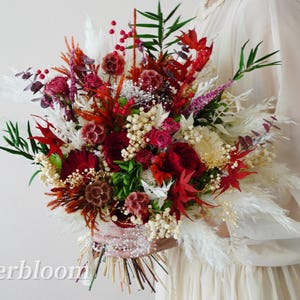 Wedding Bridal/ Bridesmaid bouquet, Retro Boho Burgundy Red&green preserved rose Wild flower, Handheld Dried flower, handmade  flower