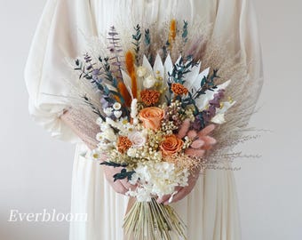 Wedding Bridal/ Bridesmaid bouquets, Handheld Dried flowers, Wedding flower gift/ Decoration, Autumn Rustic baby breath Orange rose