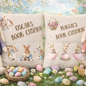 Cheerful Easter Bunny Book Cushion with Personalised Name for Young Readers