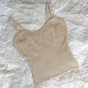 Hand-knit yak / extra-fine wool long crop top, cream, luxury natural knitwear, ribbed tank by marina’s knit