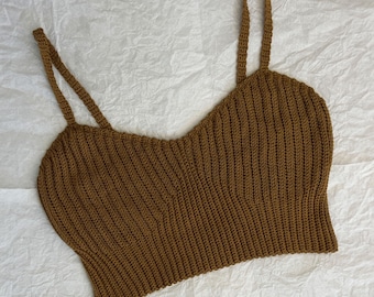 Top corto de algodón de crochet hecho a mano: bralette bohemio marrón óxido (talla S/M)