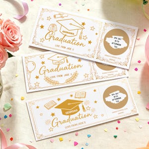 May include: Three white graduation gift cards with gold foil accents. Each card features a graduation cap graphic, the name "Georgina", and the word "Graduation". One card includes a "Spa Day with Afternoon Tea" scratch-off area.