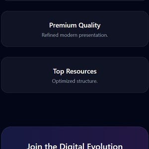 Op de afbeelding: Een donkerblauwe afbeelding met witte tekst die digitale diensten promoot. De tekst bevat "Large Network", "Premium Quality" en "Top Resources". De afbeelding bevat ook de zin "Join the Digital Evolution" en een knop "Get Started".