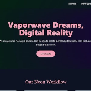 Op de afbeelding: Website-ontwerp met een donkere achtergrond die vervaagt van groen naar paars. De tekst "Vaporwave Dreams, Digital Reality" is roze, met de call to action "Let's Create" in een roze knop. De website combineert retro nostalgie en modern design.