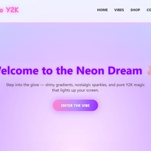Puede incluir: Una página de inicio de sitio web con un fondo degradado púrpura y rosa. El texto "Retro Y2K" está en la parte superior izquierda. Las palabras "Welcome to the Neon Dream" están en letras moradas grandes. Un botón dice "ENTER THE VIBE".