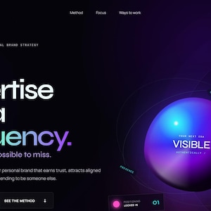 May include: A dark-themed website interface for personal brand coaching featuring a large, glowing purple and blue sphere. The text reads: Your expertise has a frequency. Let's make it impossible to miss. Includes buttons for finding your signal and booking a clarity call.