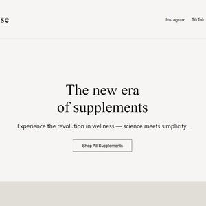 May include: A website landing page for "elipse" supplements. The text reads "The new era of supplements" and "Experience the revolution in wellness - science meets simplicity." A button says "Shop All Supplements."