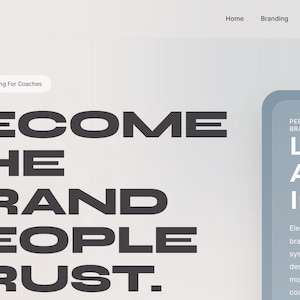 Peut inclure: Conception de site web avec le mot "LUXE" en haut à gauche. Le texte "BECOME THE BRAND PEOPLE TRUST" est en grandes lettres grasses gris foncé. Un rectangle bleu clair sur le côté droit contient les mots "PERSONAL BRANDING" et "Luxur Autho Influe".