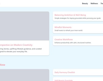 LuxeMind – Projekt bloga o miękkim stylu życia | Szablon HTML poświęcony dobremu samopoczuciu, urodzie i kreatywności | Nowoczesna, minimalistyczna, kobieca strona internetowa