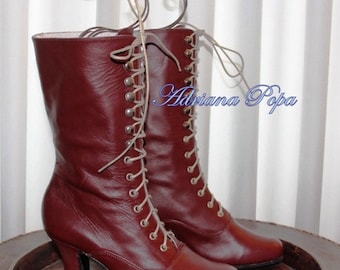 Victorian Boots , Burgundy leather Boots , Kitten heel Boots , Victorian wedding boots  , Reddish brown Boots , Stage boots Historical dress