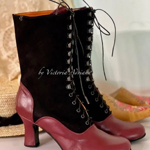 Victoriaanse laarzen in 2 tinten leer, Edwardiaanse laarzen, Regency-laarzen, laarzen uit 1900, Retro schoenen, veterlaarzen, enkellaarzen
