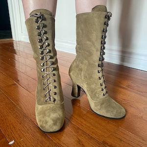 Khaki Boots , Khaki suede leather Boots , Victorian Boots , Khaki Lace up Boots , Edwardian Boots , Regency Boots , 1900's style Boots