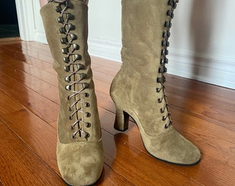 SALE 35 European size Khaki Boots , Khaki suede leather Boots , Victorian Boots , Khaki Lace up Boots Edwardian Boots , Regency Boots