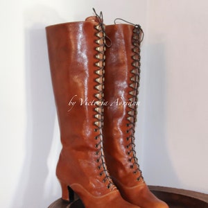 New Style Boots , Knee high Boots , Brown Boots , Brown vegetal tanned leather Boots , Victorian Boots , Lace up Boots , Burning man shoes