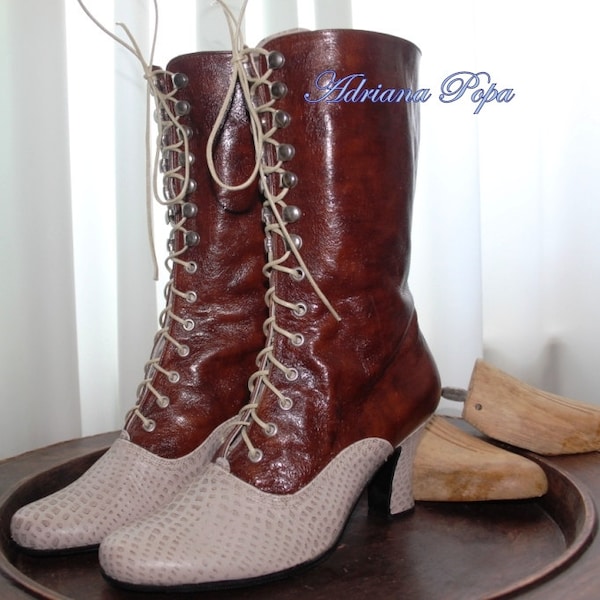 Victorian Boots in two leathers Ankle Boots Lace up boots in polish Brown and Beige Leather Boots 1900 style boots Granny boots Retro shoes