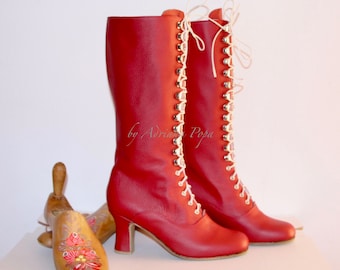 Rote Lederstiefel , Kniehohe Stiefel , Rote Viktorianische Stiefel , Schnürstiefel , Stiefel im Stil von 1900 , Brautstiefel , Valentinstag