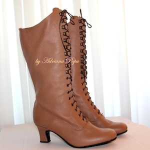 Laarzen mokka mousse, leren laarzen, Victoriaanse laarzen, kniehoge laarzen, retro laarzen, veterlaarzen, cosplay laarzen, Franse laarzen, jaren 1900