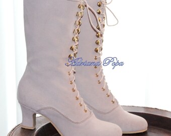 Botas de marfim, Botas de couro de camurça marfim, Botas vitorianas, Botas de casamento, Botas eduardianas, Sapatos de casamento, Sapatos Downton Abbey Era dourada