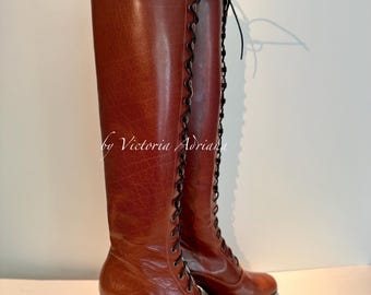 Knee High Boots in leather Victorian Style Boots , Brown Boots , Brown vegetal tanned leather Boots , Festival Boots , Carnival style Boots