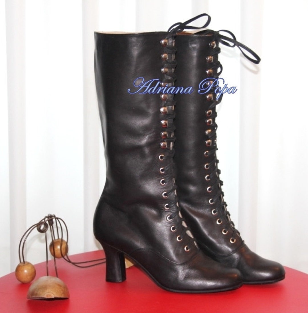 Black Leather Boots , Knee High Boots , Black Victorian Style Boots