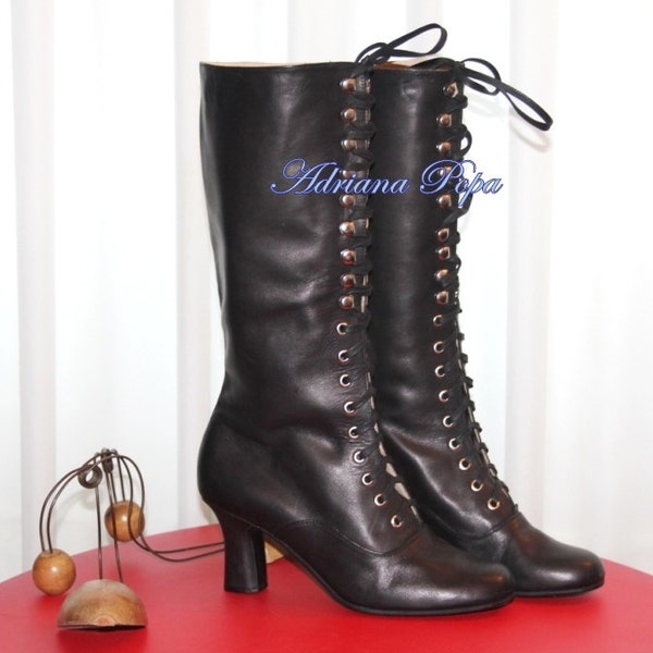 Black leather Boots , Knee high Boots , Black Victorian Style Boots , Lace up Knee Boots , Festival Boots , Retro Boots , leather Boots