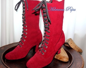 Red shoes , suede Leather Boots , Red Victorian Boots , Regency Boots , Granny style Boots , Witch style Boots , Retro shoes lace up Boots