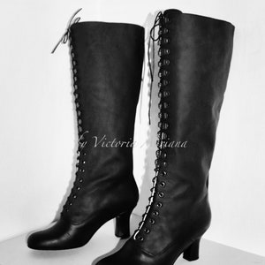 Knee high Boots , Black leather Boots , Black Victorian Boots , Lace up Boots , Retro Boots , Burning man , Custom made Boots , French Boots