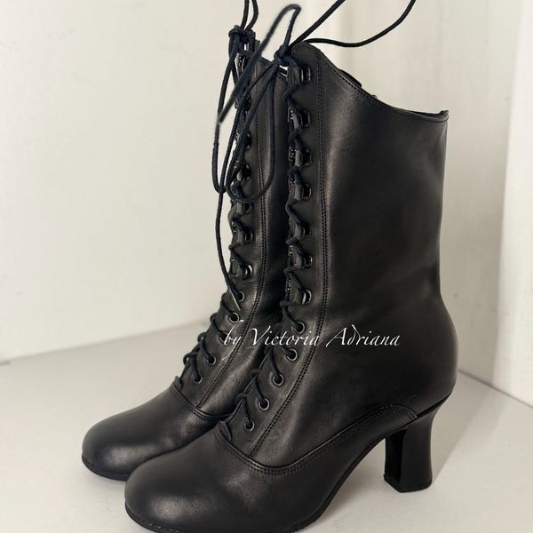 Black Boots Leather Boots Victorian shoes Edwardian costume Granny style Big size boots Custom made Regency Wide feet Strong calf