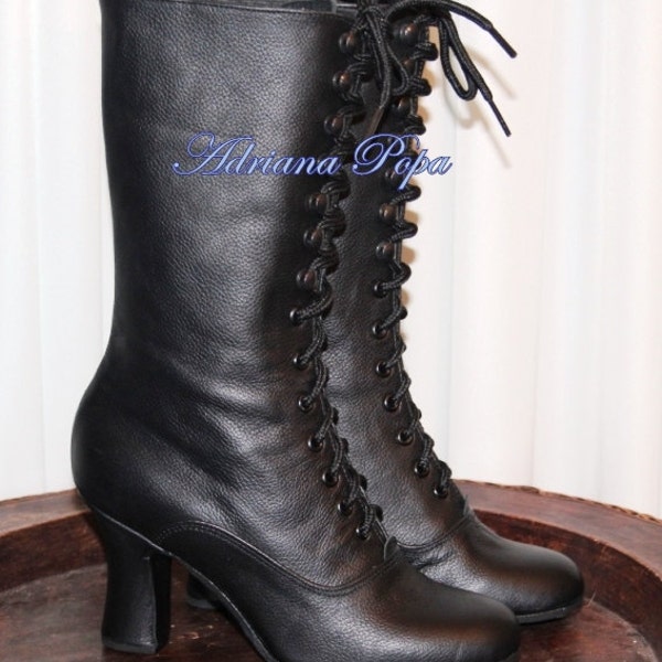 Black Boots , Black Leather Boots , Black Victorian Boots , Retro Boots , Lace up Boots , 1900's style Boots , Custom Boots , Comfort shoes