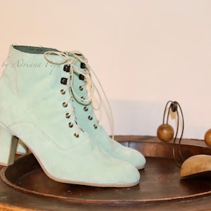 Sea foam shoes , Light Green Boots , Suede Leather Boots  , Green Ankle Boots , 1900's Style Boots , Retro Boots , Bridal Boots French shoes