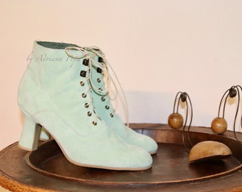 Sea foam shoes , Light Green Boots , Suede Leather Boots  , Green Ankle Boots , 1900's Style Boots , Retro Boots , Bridal Boots French shoes