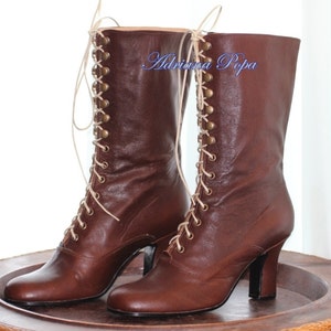 Botas de cuero, Botas de cuero curtido vegetal marrón, Botas de estilo retro, Botas victorianas, Botas de cuero marrón, Botas burdeos oscuro