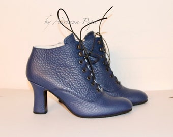 Navy Boots Navy leather Boots Victorian Boots Edwardian Boots Regency shoes Retro Boots 1900 Boots Fashion Boots Custom made Boots Cosplay