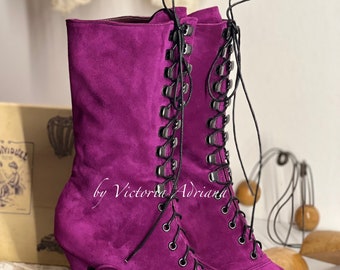 Bright Purple Boots , Viva Magenta suede leather Boots , Victorian boots Fuchsia Royal Purple Boots Edwardian Boots Custom Boots Wide feet