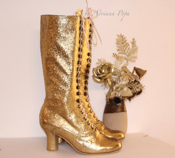 Gold leather Boots , Knee High Boots , Gold shimmer Leather Boots , Kinky  Boots , Gilded age shoes , Bridal shoes , Victorian Boots