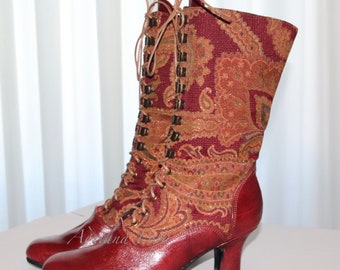 Victorian Boots , Paisley canvas and leather Boots, Retro boots , Costume Boots , Bohemian Boots , 1900's style Boots , Gilded age shoes