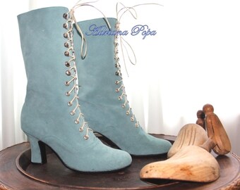 Sea Foam leather Boots , Mint Green Boots , Victorian Boots , Regency Boots , Custom made Boots , 1900&#39;s style Boots , Bridal Boots