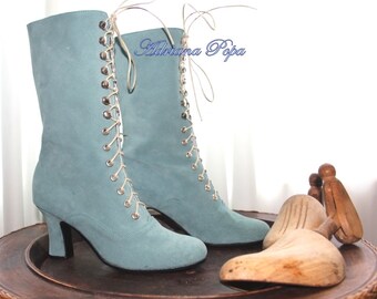 Sea Foam leather Boots , Mint Green Boots , Victorian Boots , Regency Boots , Custom made Boots , 1900's style Boots , Bridal Boots