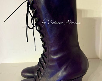 Dark Indigo Boots , Leather Boots , Royal Indigo shoes , Victorian Boots , Edwardian Boots , Retro Boots , Bridal Boots , Festival Boots