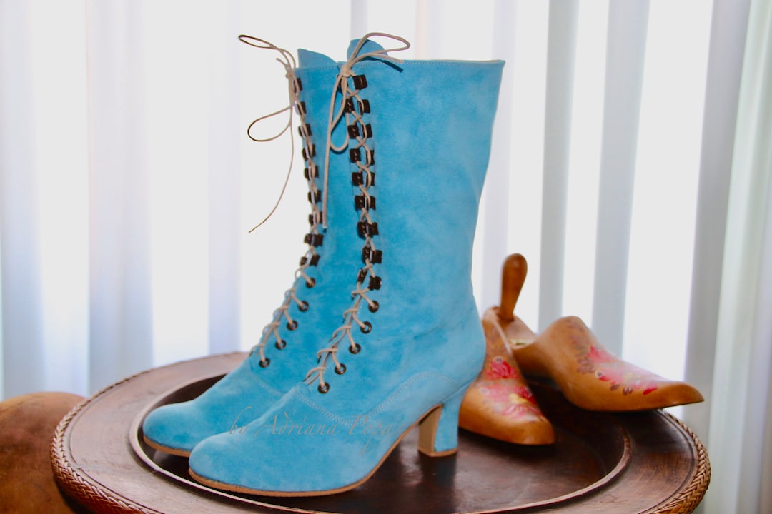 Blue Leather Shoes Victorian Boots Blue Suede Leather Boots Blue