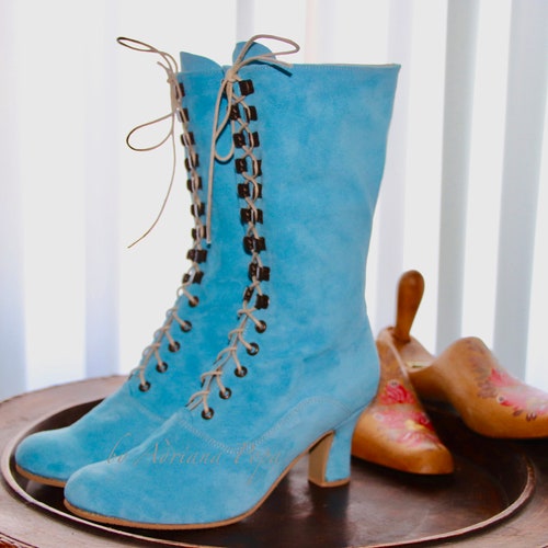 Blue Leather Shoes Victorian Boots Blue Suede Leather Boots - Etsy